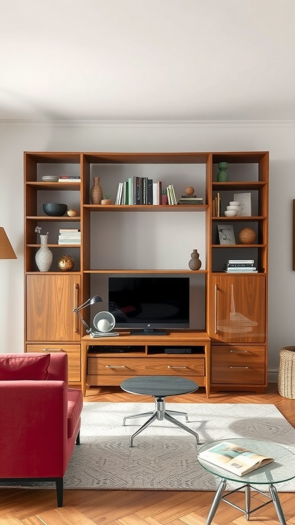 19 Stylish Desk Ideas to Transform Your Living Room into a Multi-Use Space 12 A stylish living room featuring transformable furniture with a shelving unit, red couch, and coffee table.