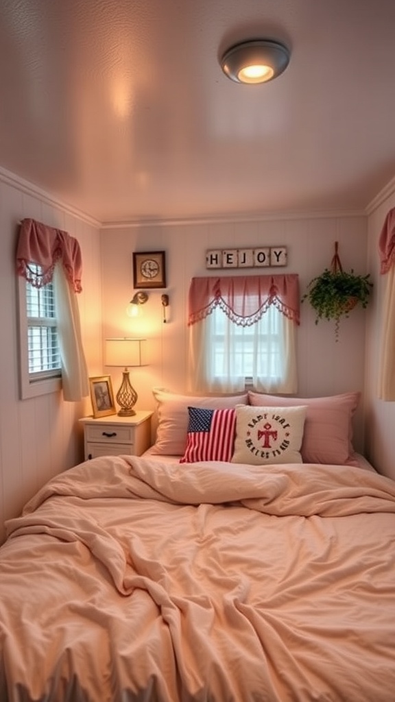 19 Singlewide Mobile Home Ideas For A Cozy & Chic Upgrade 7 Cozy bedroom in a singlewide mobile home with soft bedding and warm lighting.