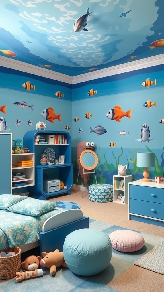 13 Kids Room Inspiration Ideas For A Stylish & Fun Space 2 A kids room with underwater theme featuring fish murals and blue decor.
