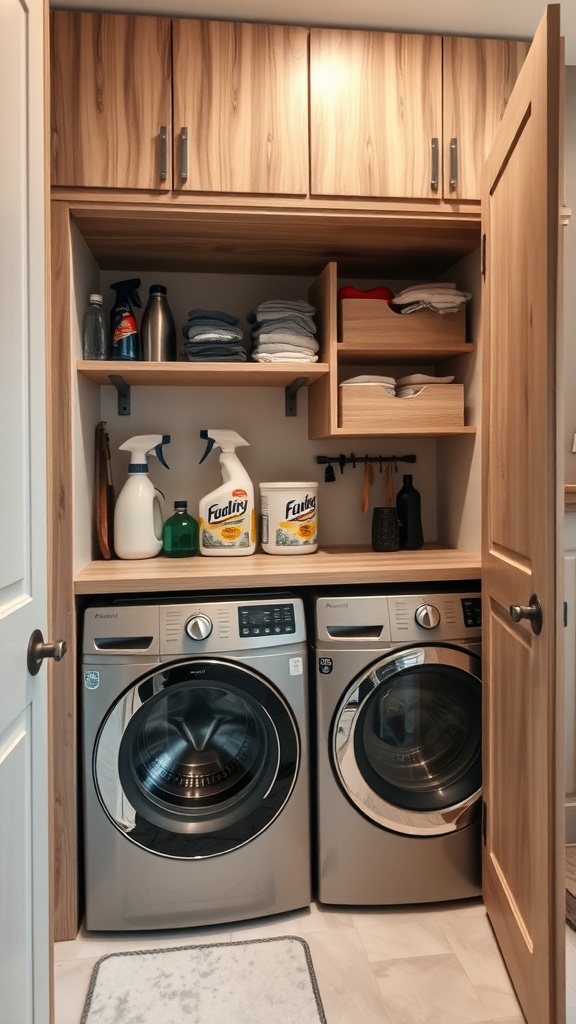 21 Stacked Laundry Room Ideas Small Spaces 10 A compact laundry room with stacked washer and dryer, featuring hidden storage compartments.
