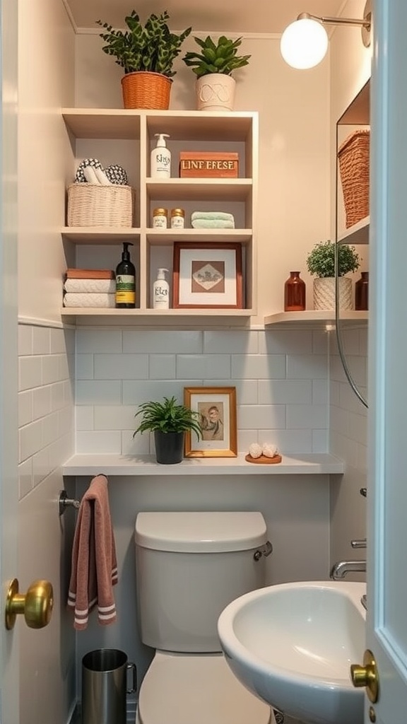 21 Small Space Bathroom Design Ideas 5 Small bathroom with vertical storage solutions including shelves and plants.