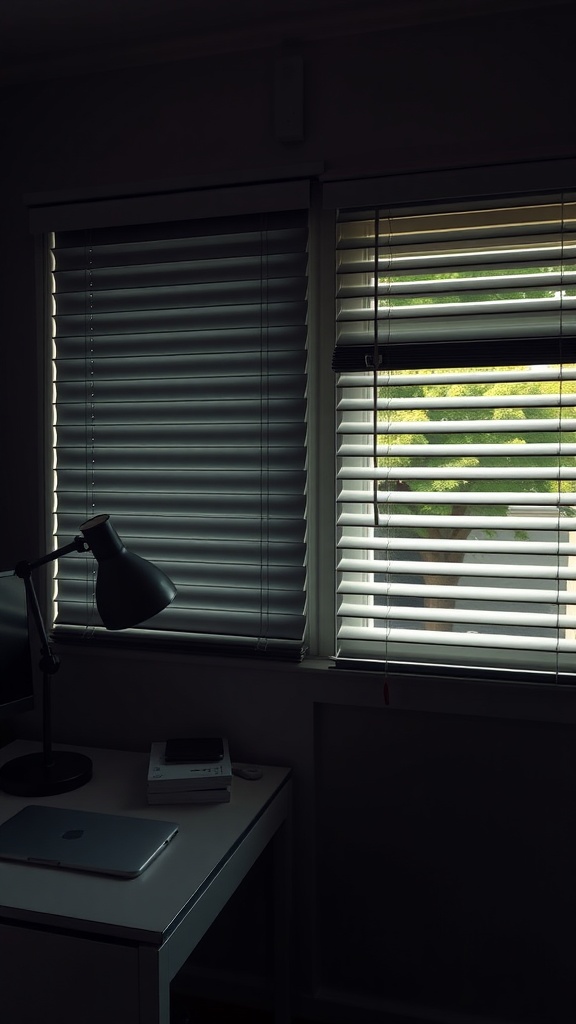 19 Creative Desk In Front Of Window Ideas For Natural Light 12 A desk setup with a lamp and laptop next to blinds partially open, allowing natural light to filter in.