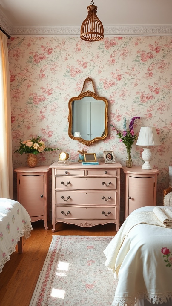 15 Dusty Pink Bedroom Ideas For A Soft & Elegant Vibe 4 A vintage-inspired pink dresser with matching nightstands in a soft and elegant dusty pink bedroom.