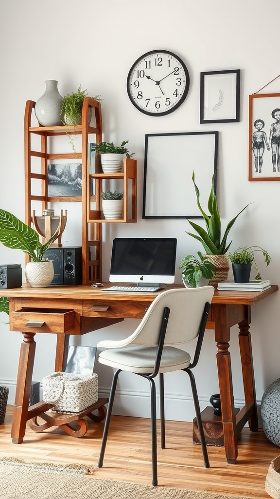 9 Stunning Desk Inspo Ideas For Your Home Office 4 A stylish home office featuring a vintage wooden desk, modern chair, and various plants.