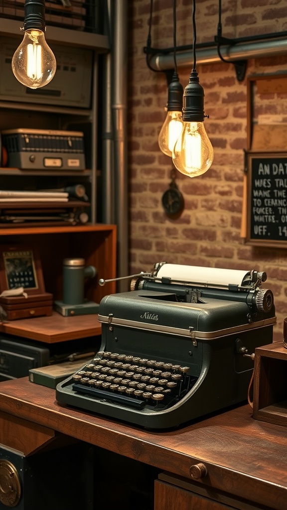 17 Creative Computer Desk Ideas to Transform Your Home Office 8 A vintage industrial workstation featuring a typewriter and warm pendant lighting.
