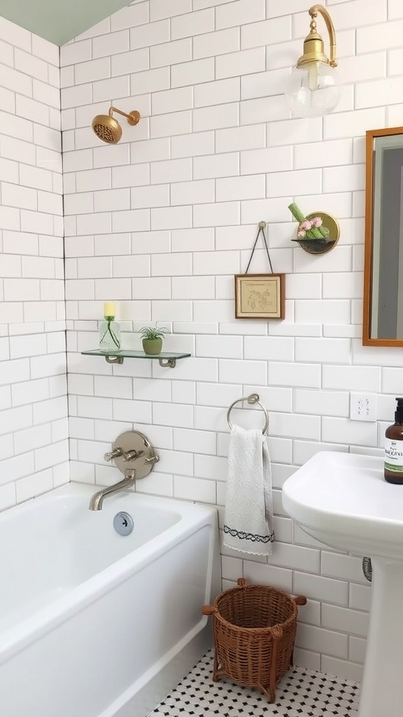 15 Timeless Bathroom Design Ideas For A Classic Look 4 A bathroom featuring vintage subway tile walls, a bathtub, and elegant fixtures.