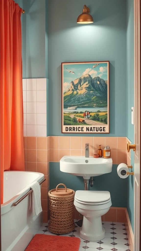 15 Bathroom Pictures Wall Art Ideas To Enhance Your Space 6 A vintage travel poster featuring a scenic view hanging in a bright bathroom with orange curtains.