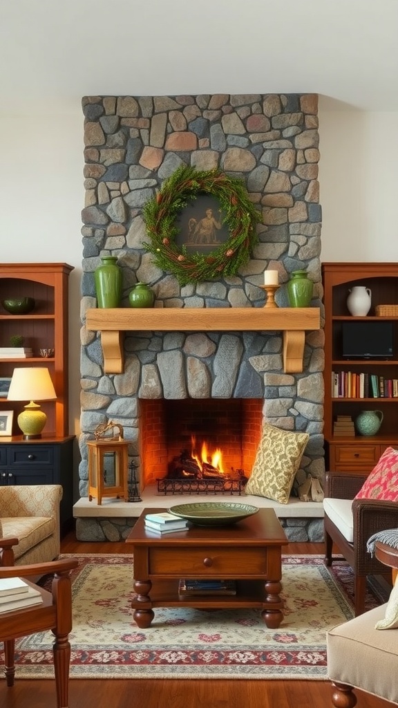 21 Craftsman Interior Design Ideas For A Cozy & Timeless Home 3 A cozy living room featuring a stone fireplace with a wooden mantel and warm decor.