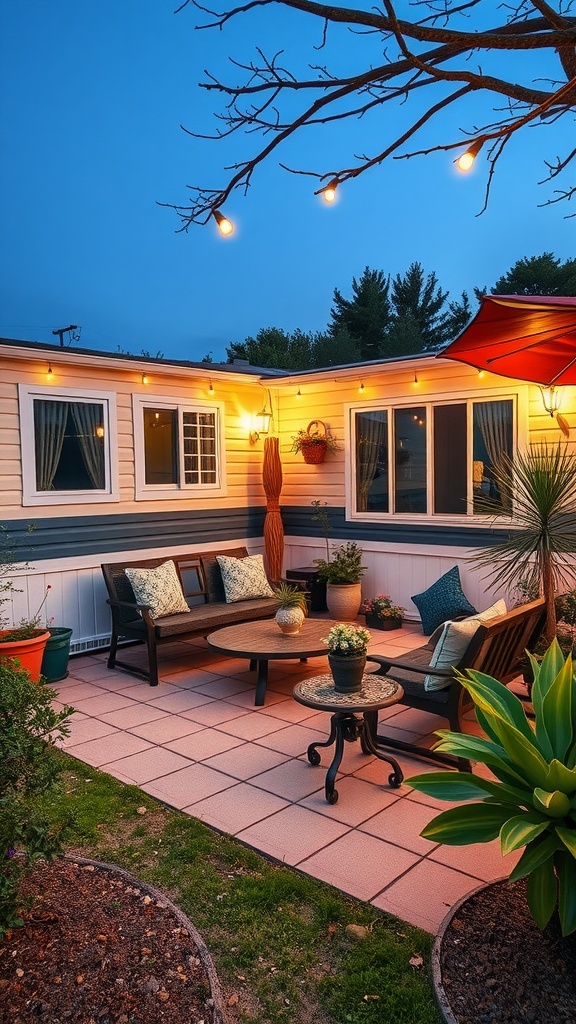 19 Singlewide Mobile Home Ideas For A Cozy & Chic Upgrade 3 Cozy outdoor seating area with plants and warm lighting.