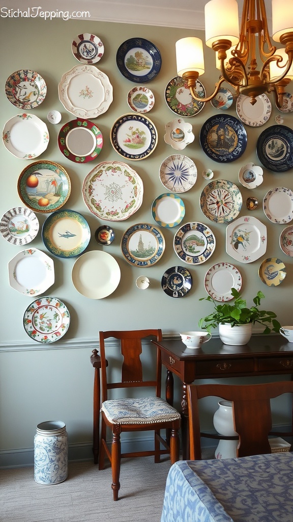 19 Beautiful Dining Room Art Ideas To Decorate Your Space 11 A wall decorated with various colorful plates and a wooden chair and table in a dining room.
