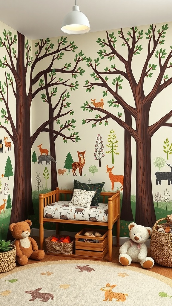 13 Kids Room Inspiration Ideas For A Stylish & Fun Space 7 Kids room with a whimsical woodland theme featuring tree murals and playful animal decor.