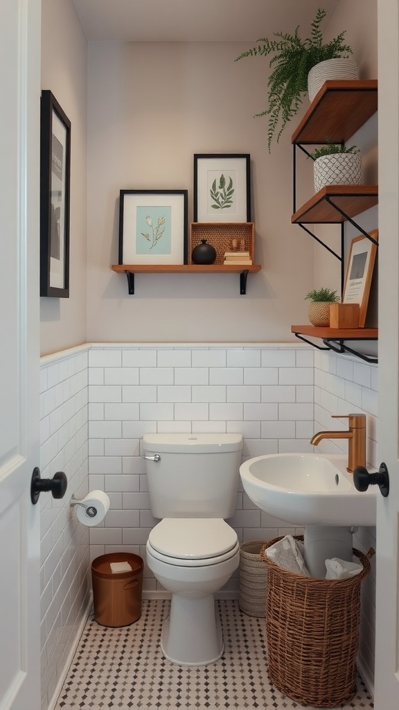 9 Small Bathroom Inspiration Ideas You Need To Copy 9 A small bathroom featuring vertical elements like shelves with plants and framed artwork.