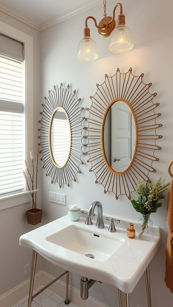 13 Bathroom Ideas Decor For A Chic And Refreshing Space 12 A bathroom featuring two artistic mirrors, one with a gold frame and the other with a black frame, above a modern sink.