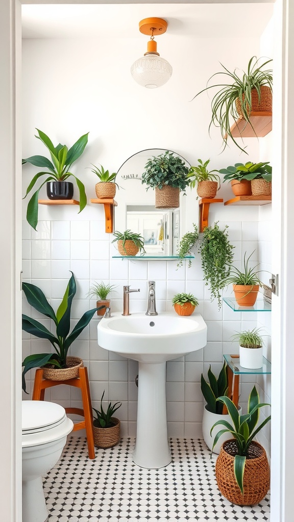 11 Inspiring Plant Wall Ideas To Transform Your Space 3 Bathroom decorated with a variety of air plants in pots on shelves and around sink area.