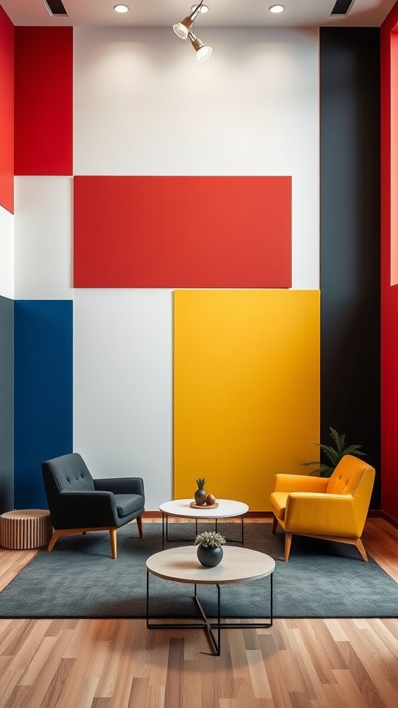 13 Wall Paneling Ideas For A Stylish Home Upgrade 13 A stylish room with bold geometric wall paneling in red, blue, yellow, and black colors.