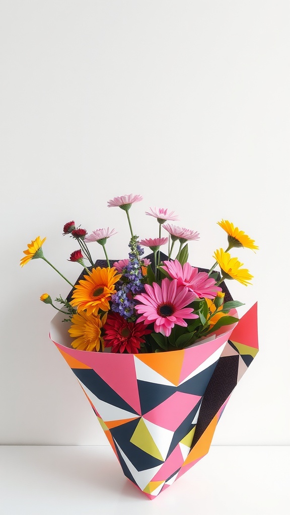 13 Beautiful DIY Bouquet Wrap Ideas To Try 10 A colorful bouquet wrapped in bold geometric patterned paper.