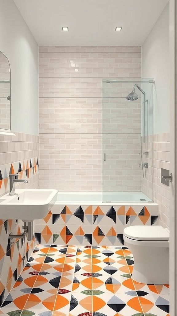 13 Bathroom Ideas Decor For A Chic And Refreshing Space 4 A modern bathroom featuring bold geometric tile patterns in orange, black, and white.