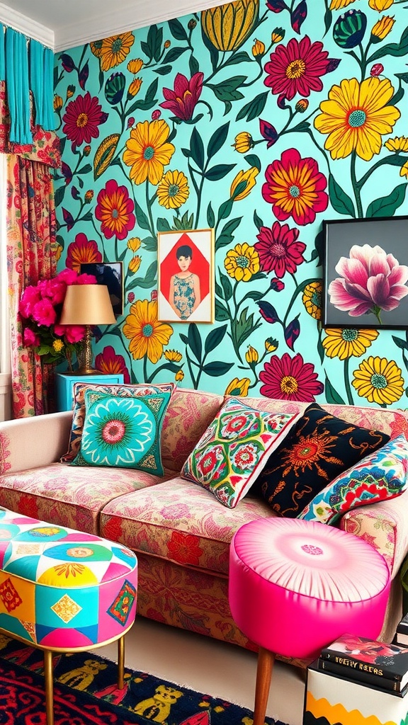 9 Living Room Inspirations For A Cozy & Stylish Space 3 A vibrant living room with floral wallpaper, colorful cushions, and playful decor.