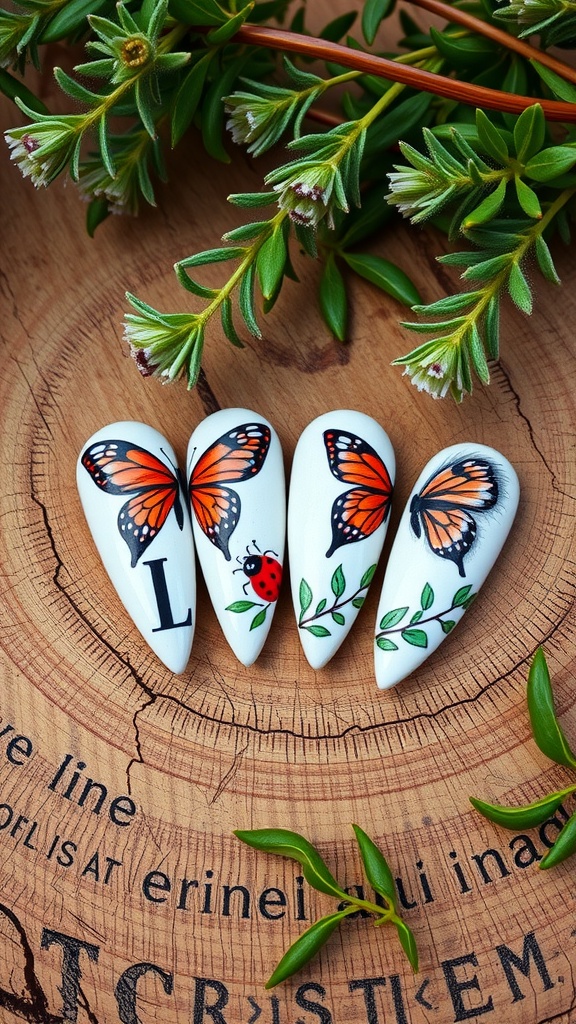 7 Magical Fairy Garden Nail Designs For Spring 7 Nail designs featuring butterflies and a ladybug on a wooden background.
