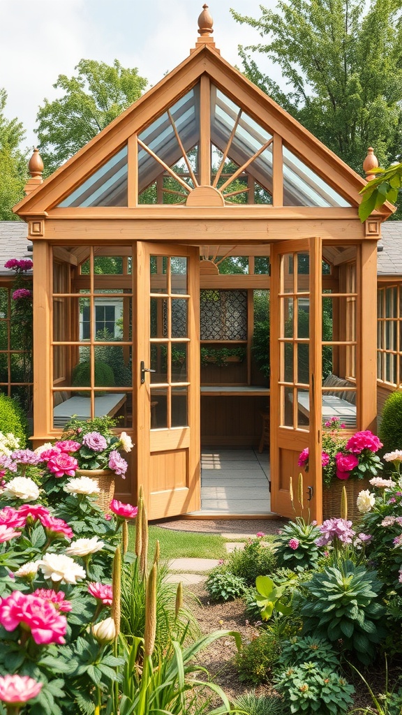 13 Gorgeous Green House Ideas To Grow Your Own Garden 10 A cedar wood greenhouse surrounded by colorful flowers