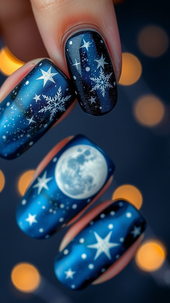 7 Magical Fairy Garden Nail Designs For Spring 6 Nail designs featuring a starry night sky with stars and a moon