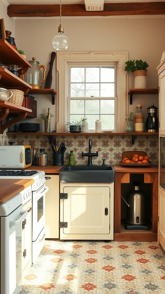 13 Beautiful Victorian House Interiors Ideas To Inspire You 10 A charming Victorian kitchen with vintage elements, featuring a farmhouse sink, wooden shelves, and patterned flooring.