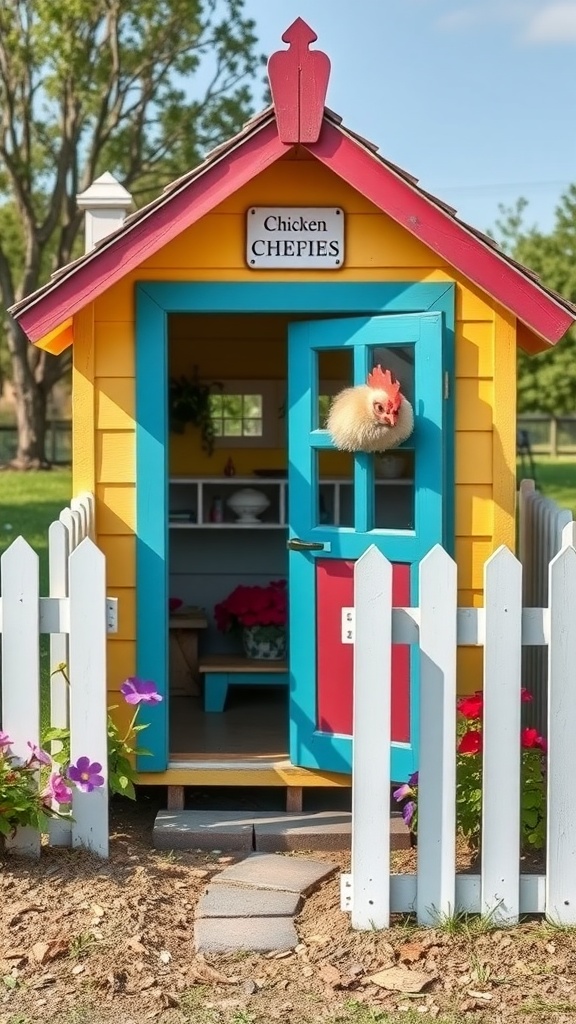 13 Chicken House Ideas For A Stylish And Functional Coop 6 A charming painted chicken coop with a colorful design and a wooden fence.