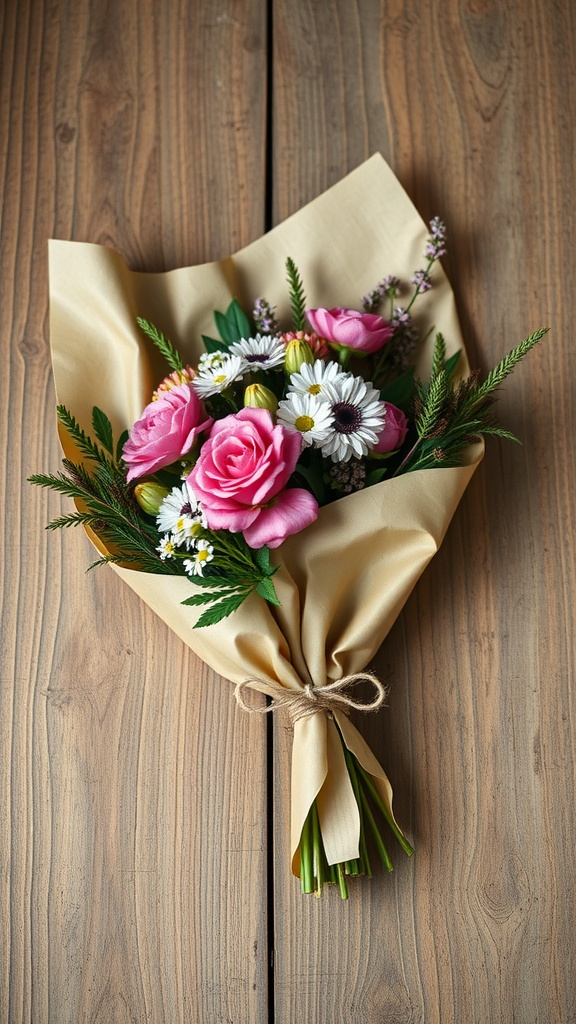 13 Beautiful DIY Bouquet Wrap Ideas To Try 5 A bouquet wrapped in kraft paper and tied with string, featuring pink roses and white daisies.