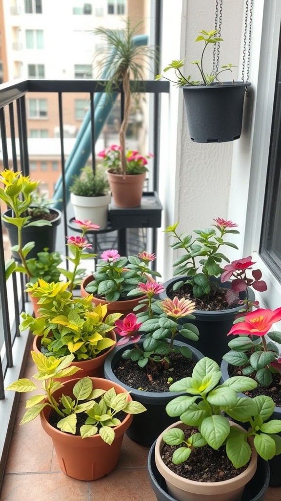 7 Container Gardening Tips For Beginners 3 Colorful container garden with various plants on a balcony.