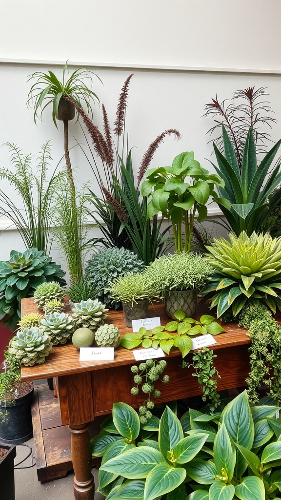 9 Essential Steps To Successful Garden Planning 6 A variety of plants displayed on a wooden table, showcasing different species and textures.