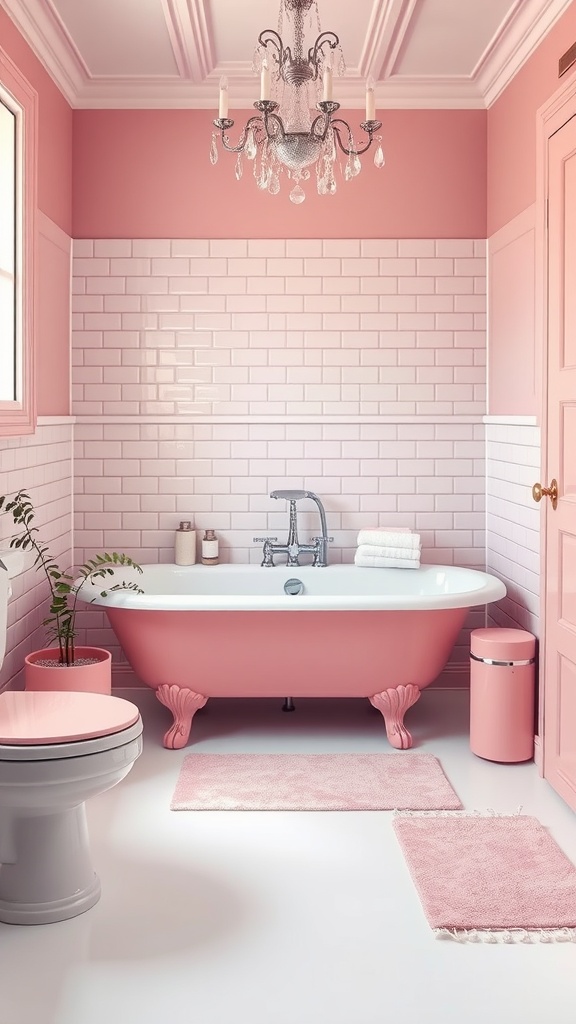 9 Gorgeous Pink Retro Bathroom Ideas You’Ll Love 2 A pink retro bathroom featuring a classic clawfoot bathtub, pink walls, and elegant decor