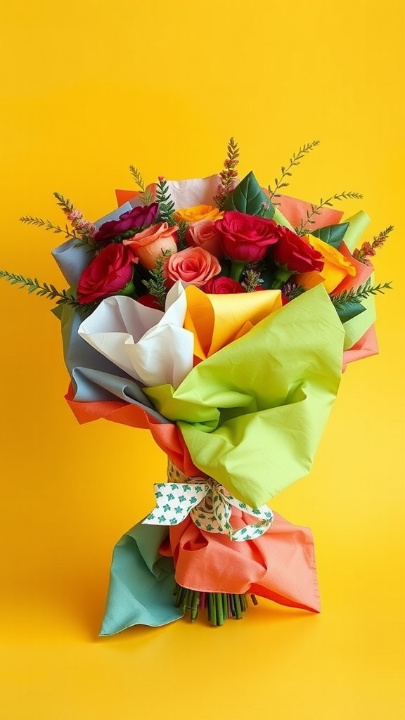 13 Beautiful DIY Bouquet Wrap Ideas To Try 3 A vibrant bouquet wrapped in colorful fabric scraps against a bright yellow background.