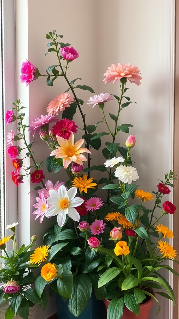 7 Beautiful Plant Corner Ideas For Your Home 3 A vibrant arrangement of colorful flowering plants in pots, showcasing various blooms and greenery.