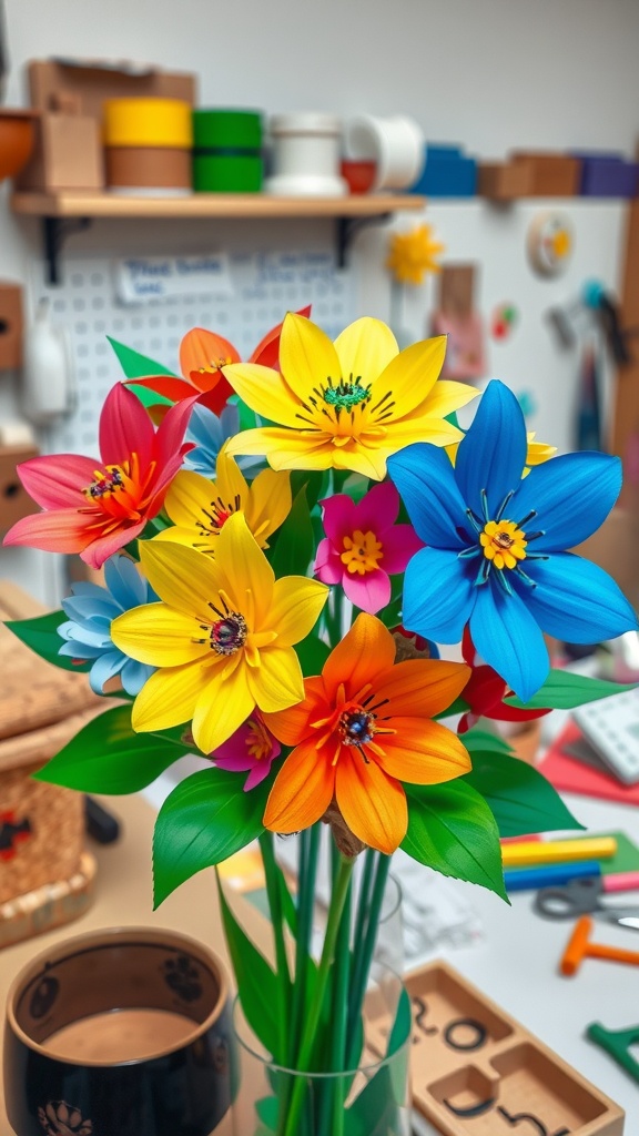 13 Creative Arreglos Florales DIY Ideas You’Ll Want To Try 4 Colorful paper flower bouquet in a vase on a craft table.