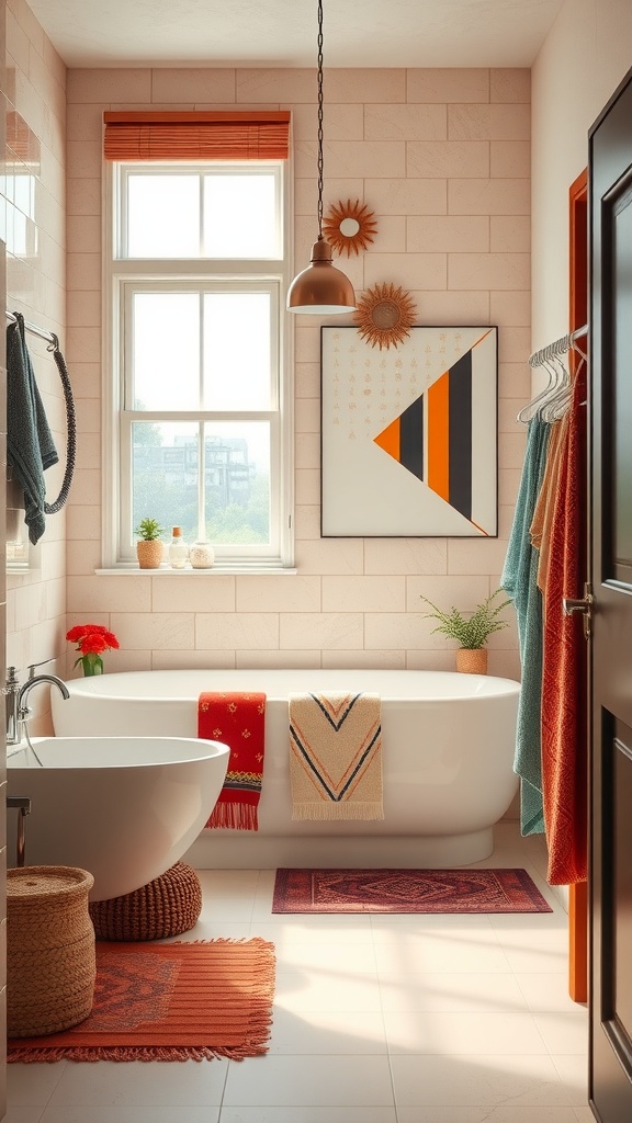 13 Bathroom Ideas Decor For A Chic And Refreshing Space 9 A chic bathroom featuring colorful towels, vibrant rugs, and stylish decor.