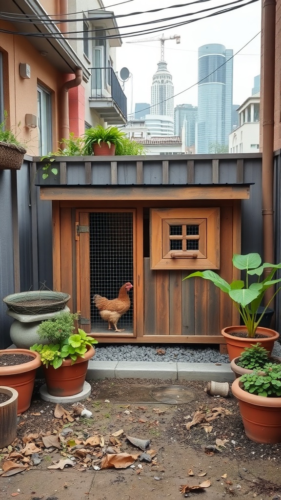 13 Chicken House Ideas For A Stylish And Functional Coop 4 A compact urban chicken coop with a hen standing at the entrance, surrounded by potted plants.