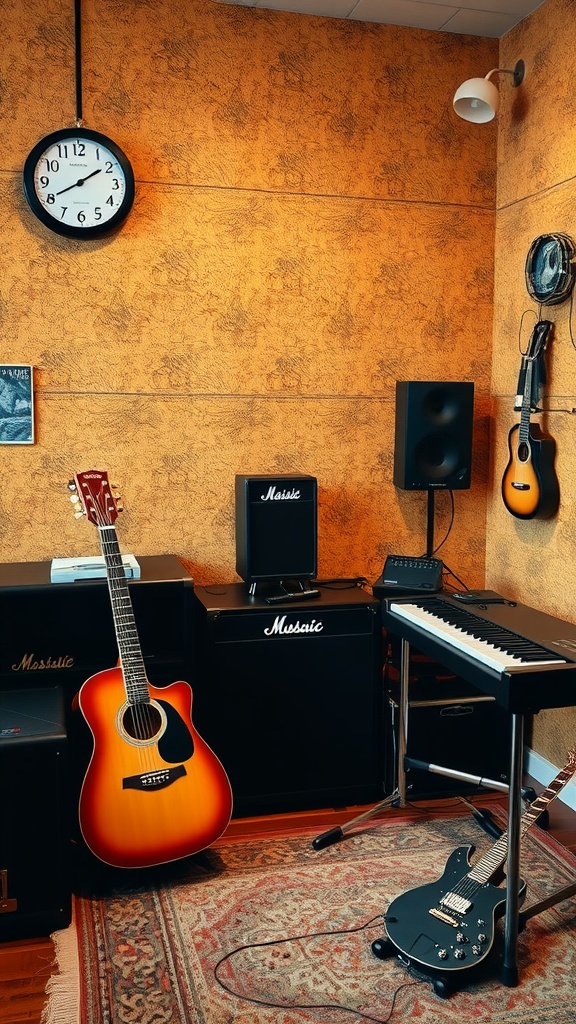 13 Wall Paneling Ideas For A Stylish Home Upgrade 19 A cozy music room featuring cork wall panels, guitars, and sound equipment.