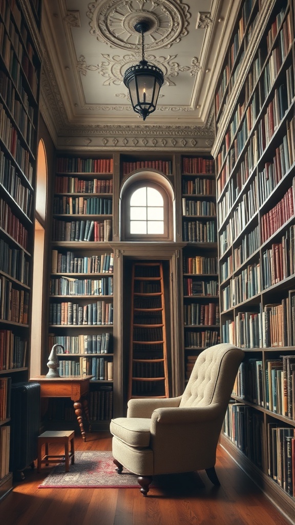 13 Beautiful Victorian House Interiors Ideas To Inspire You 6 Cozy library with floor-to-ceiling bookshelves, an armchair, and warm wooden decor.