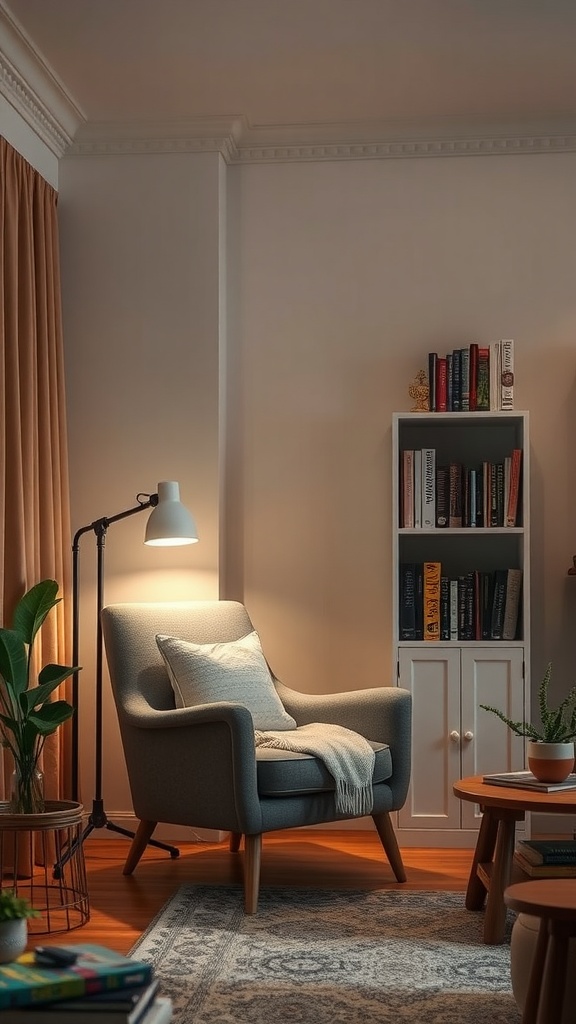 9 Living Room Inspirations For A Cozy & Stylish Space 10 A cozy reading nook featuring a comfortable armchair, soft lighting, and bookshelves.
