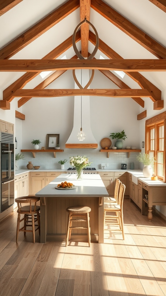 Cozy open-concept farm kitchen with wooden beams and natural light