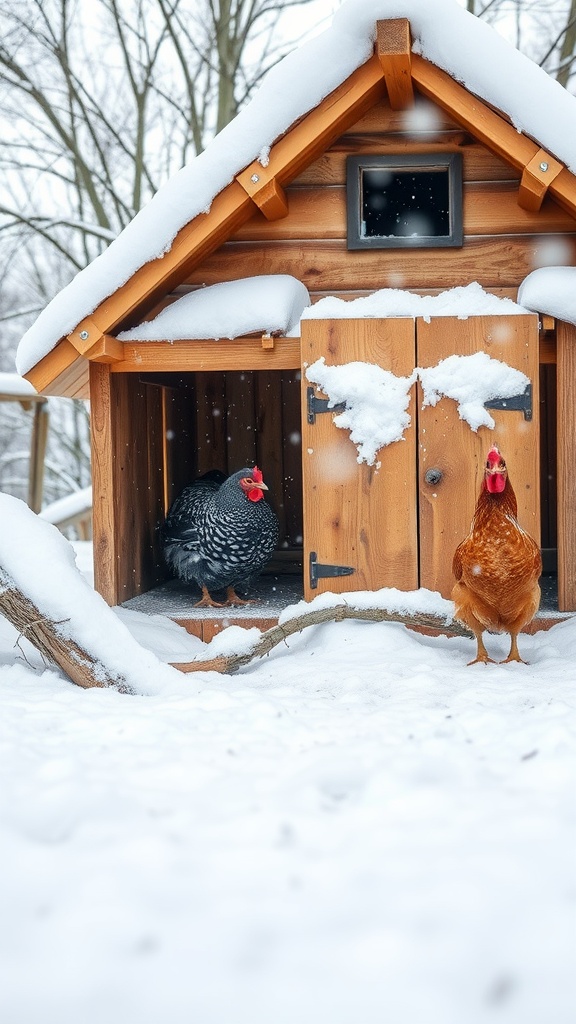 13 Chicken House Ideas For A Stylish And Functional Coop 7 A cozy wooden chicken house with snow on the roof and two chickens outside.