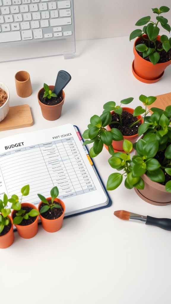 9 Essential Steps To Successful Garden Planning 11 A workspace with a budget sheet, small potted plants, and gardening tools.