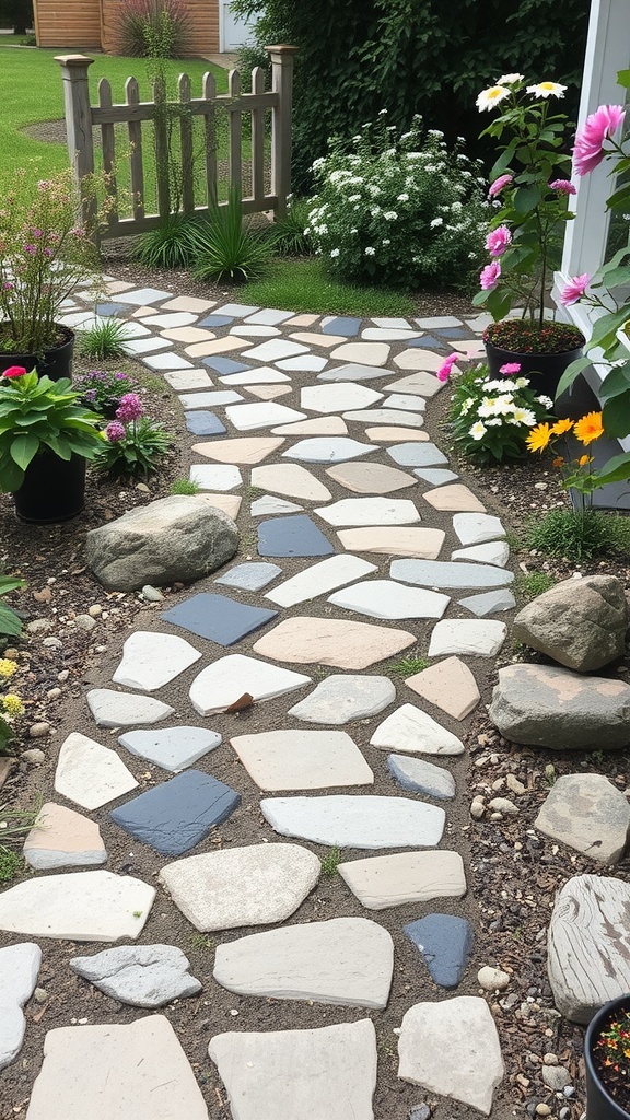A winding stone pathway bordered by flowers and plants in a small garden.