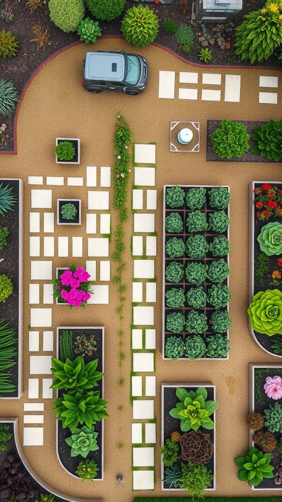 9 Essential Steps To Successful Garden Planning 4 An aerial view of a well-organized garden layout with paths, diverse plants, and a car parked nearby.