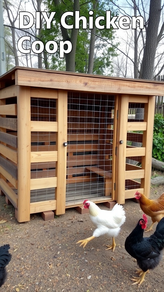 13 Chicken House Ideas For A Stylish And Functional Coop 12 A DIY chicken coop made from pallets with chickens walking around.