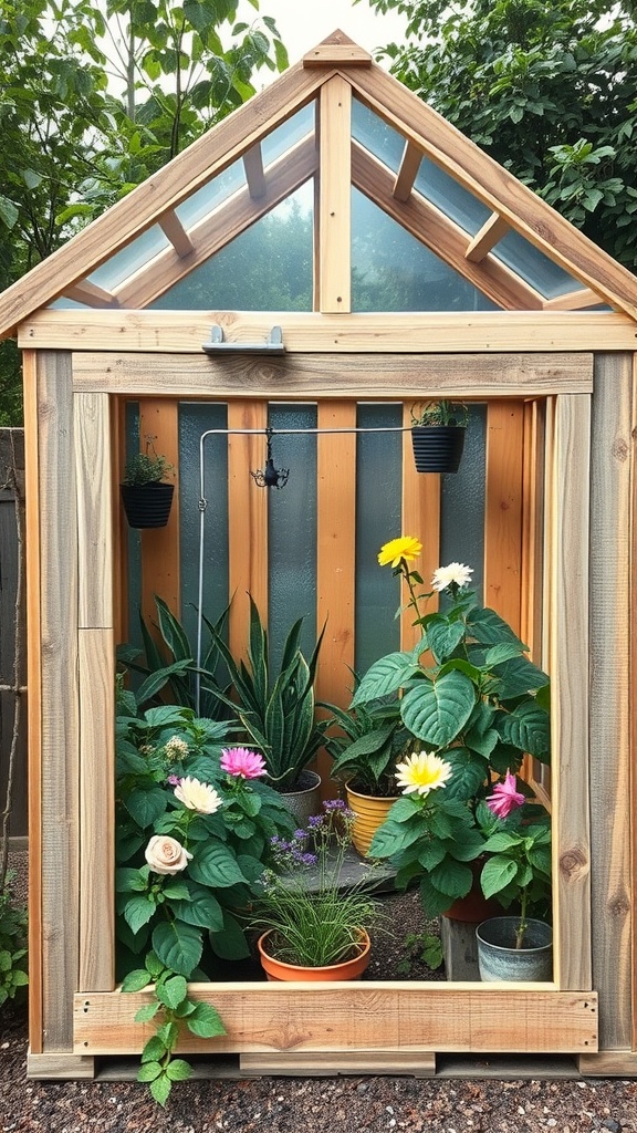 13 Gorgeous Green House Ideas To Grow Your Own Garden 9 A small DIY greenhouse made from wooden pallets, featuring colorful flowers and plants inside.