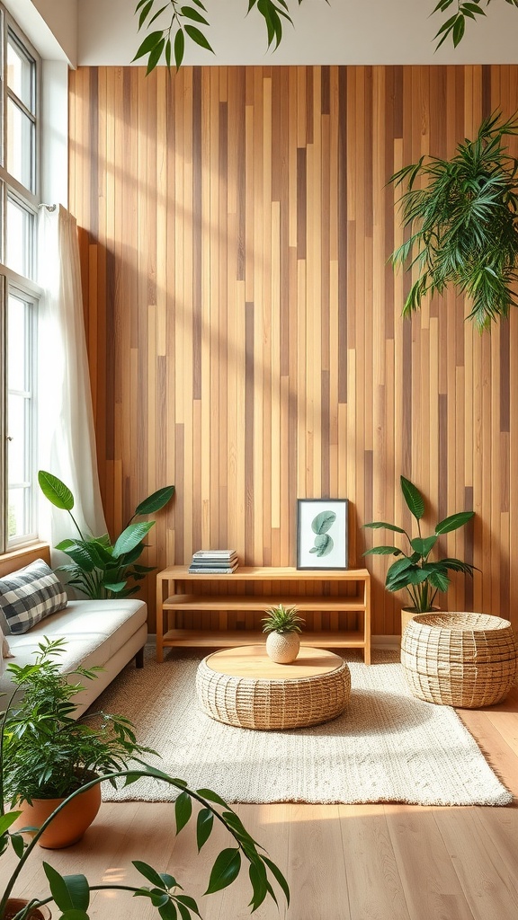 13 Wall Paneling Ideas For A Stylish Home Upgrade 16 A stylish living room featuring eco-friendly bamboo wall panels.