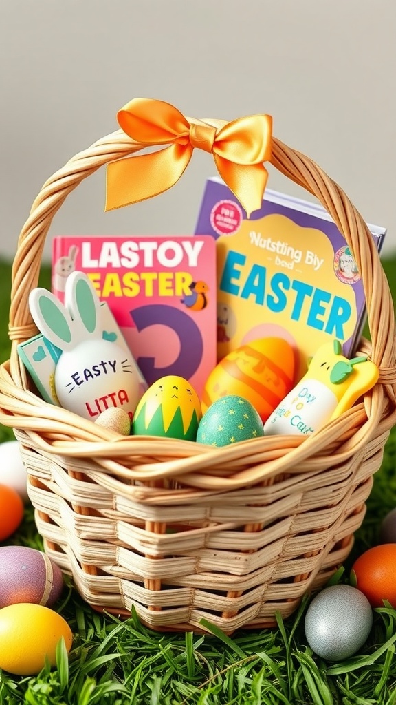 7 Fun Easter Basket Ideas For Kids 4 A wicker Easter basket filled with colorful eggs and children's books, set on green grass.
