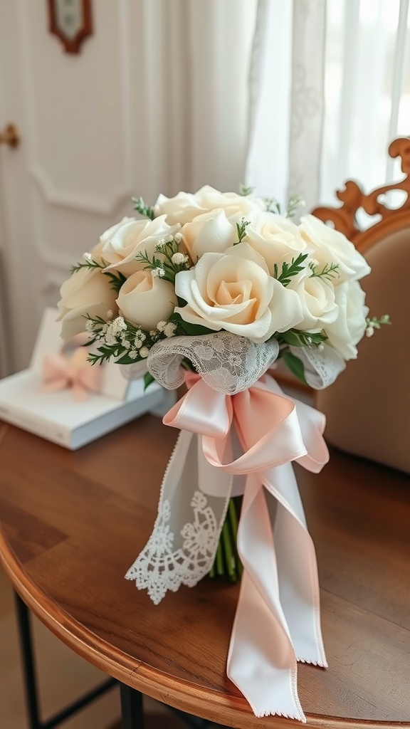 13 Beautiful DIY Bouquet Wrap Ideas To Try 4 A beautiful bouquet wrapped in lace and pink ribbon on a table.
