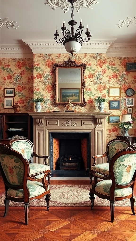 13 Beautiful Victorian House Interiors Ideas To Inspire You 5 Elegant Victorian parlor with antique chairs, floral wallpaper, and a decorative fireplace.